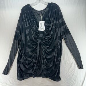 RELIGION London Black Gray Camo Long Sleeves Front Twist Tunic Shirt Size L Flaw